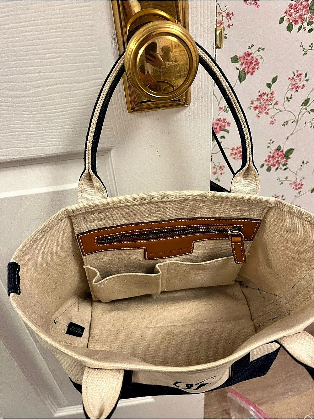 Ralph Lauren Cotton Canvas Tote Bag in Cream & Blue - Picture 2 of 2